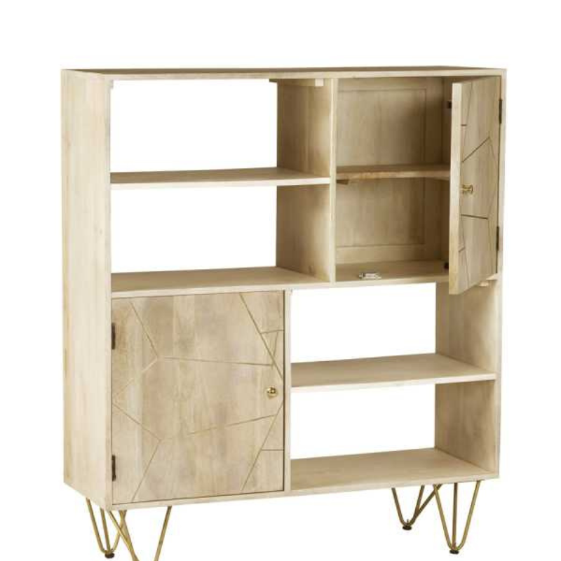 A lovely piece of furniture suitable both for the living room space as well as for an office, offering 4 open shelves for books, files, magazines, etc. and 2 cupboards, each one with an internal shelf for all kind of items you would like to hide away.  This range is offered in a light natural finish, complemented with gold metal inlays on the front of the unit.