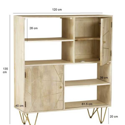 A lovely piece of furniture suitable both for the living room space as well as for an office, offering 4 open shelves for books, files, magazines, etc. and 2 cupboards, each one with an internal shelf for all kind of items you would like to hide away.  This range is offered in a light natural finish, complemented with gold metal inlays on the front of the unit.