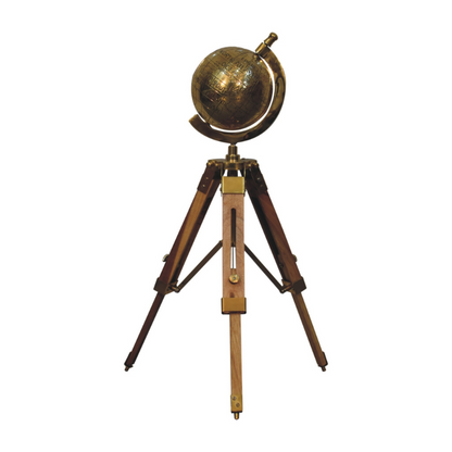 This large statement vintage globe offers a solid wood tripod design in a natural finish. It features smooth antique brass hardware and would make the ideal gift for friends who love to travel, or for yourself if you love that characterful antique look.  This product is handcrafted individually and as every piece is unique please do expect variations in finish, texture, size and should not be considered as a defect.