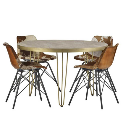 This elegant round dining table will add a touch of style to your dining room, while comfortably seating 4 people.  The table top is stained in a light natural finish, featuring gold metal inlays and a matching frame on the edge of the table top, complemented by gold metal legs.