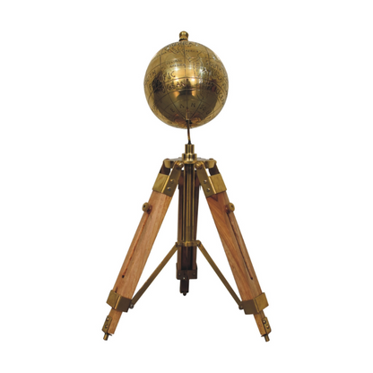 This large statement vintage globe offers a solid wood tripod design in a natural finish. It features smooth antique brass hardware and would make the ideal gift for friends who love to travel, or for yourself if you love that characterful antique look.  This product is handcrafted individually and as every piece is unique please do expect variations in finish, texture, size and should not be considered as a defect.