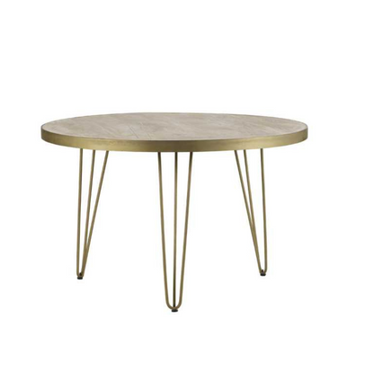 This elegant round dining table will add a touch of style to your dining room, while comfortably seating 4 people.  The table top is stained in a light natural finish, featuring gold metal inlays and a matching frame on the edge of the table top, complemented by gold metal legs.