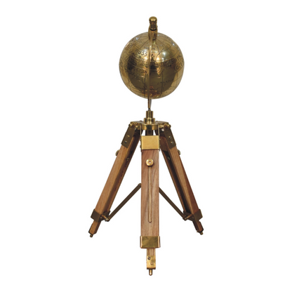 This large statement vintage globe offers a solid wood tripod design in a natural finish. It features smooth antique brass hardware and would make the ideal gift for friends who love to travel, or for yourself if you love that characterful antique look.  This product is handcrafted individually and as every piece is unique please do expect variations in finish, texture, size and should not be considered as a defect.