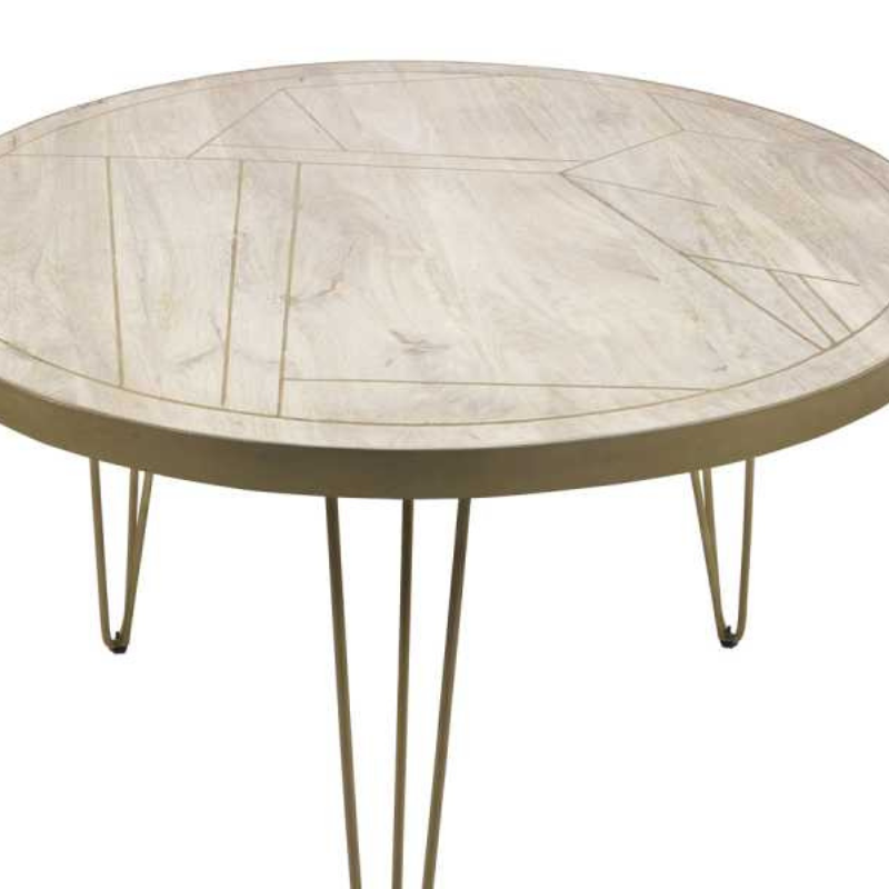 This elegant round dining table will add a touch of style to your dining room, while comfortably seating 4 people.  The table top is stained in a light natural finish, featuring gold metal inlays and a matching frame on the edge of the table top, complemented by gold metal legs.