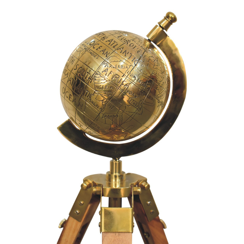 This large statement vintage globe offers a solid wood tripod design in a natural finish. It features smooth antique brass hardware and would make the ideal gift for friends who love to travel, or for yourself if you love that characterful antique look.  This product is handcrafted individually and as every piece is unique please do expect variations in finish, texture, size and should not be considered as a defect.