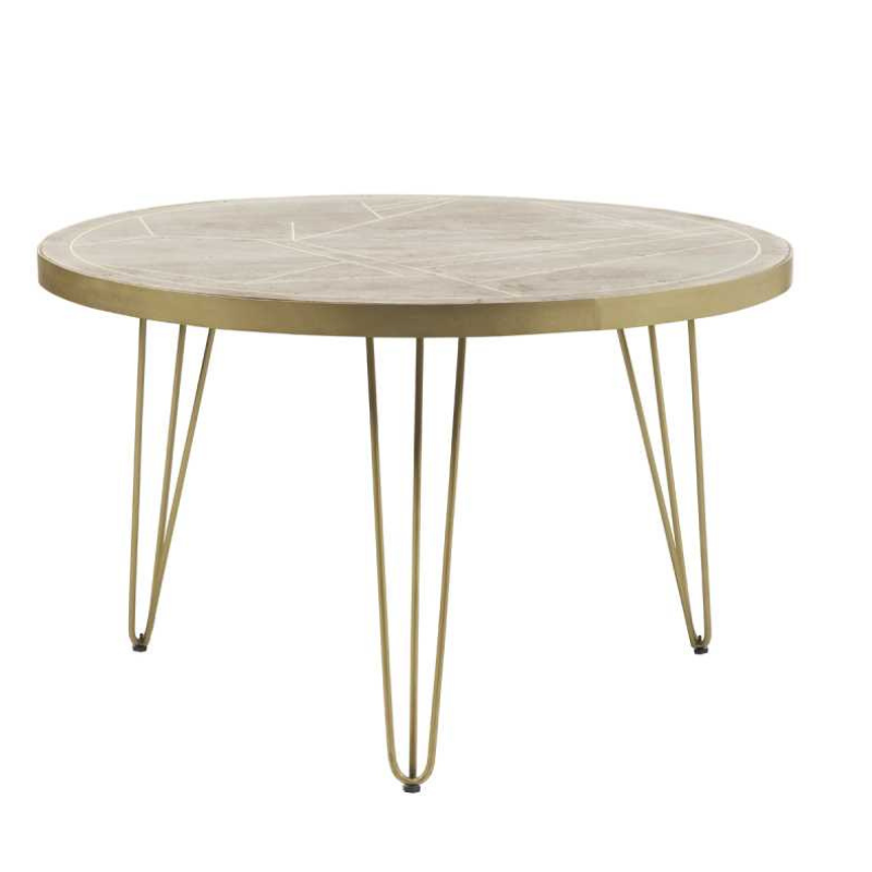 This elegant round dining table will add a touch of style to your dining room, while comfortably seating 4 people.  The table top is stained in a light natural finish, featuring gold metal inlays and a matching frame on the edge of the table top, complemented by gold metal legs.