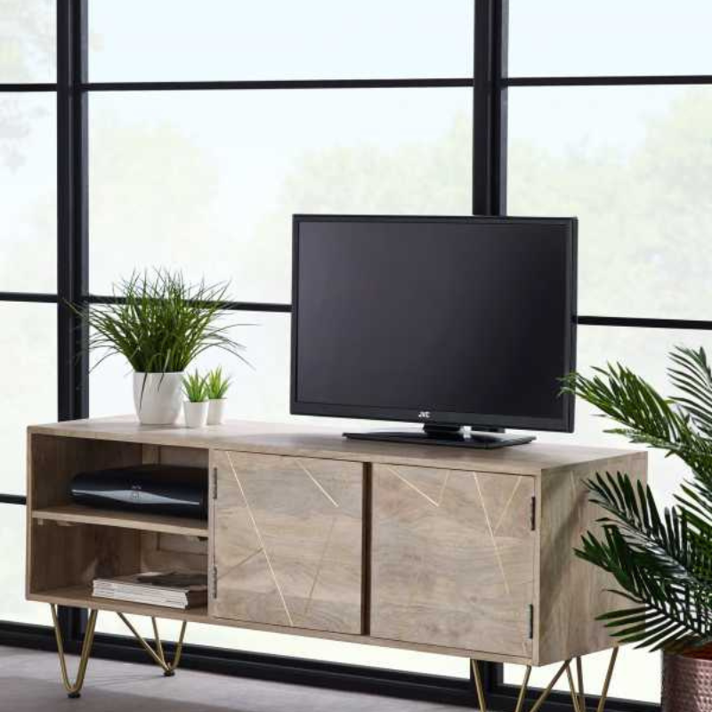 This wide Plasma Media Unit comes with 2 open shelves, complete with cable management hole, and 2 doors. This range is offered in a light natural finish, featuring gold metal inlays on the fronts of the doors.  Cupboard dimensions (HxWxD): 36x83x42 cm Shelf dimensions (HxWxD): 17x51x42 cm