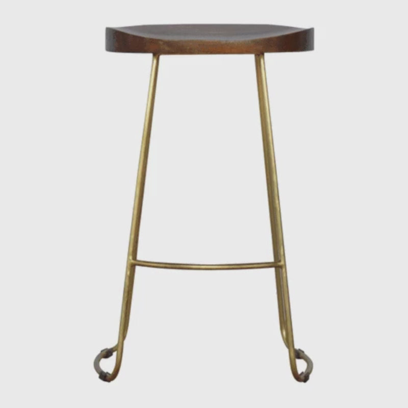 This stool is the perfect addition to any bar/cafe. It is very sturdy yet light enough to move around easily ideal for families that want to use their kitchen as a more social dining/breakfast area.  This piece of furniture has nice smooth chestnut finish constructed from 100% solid mango wood with a beautiful golden iron base and legs.